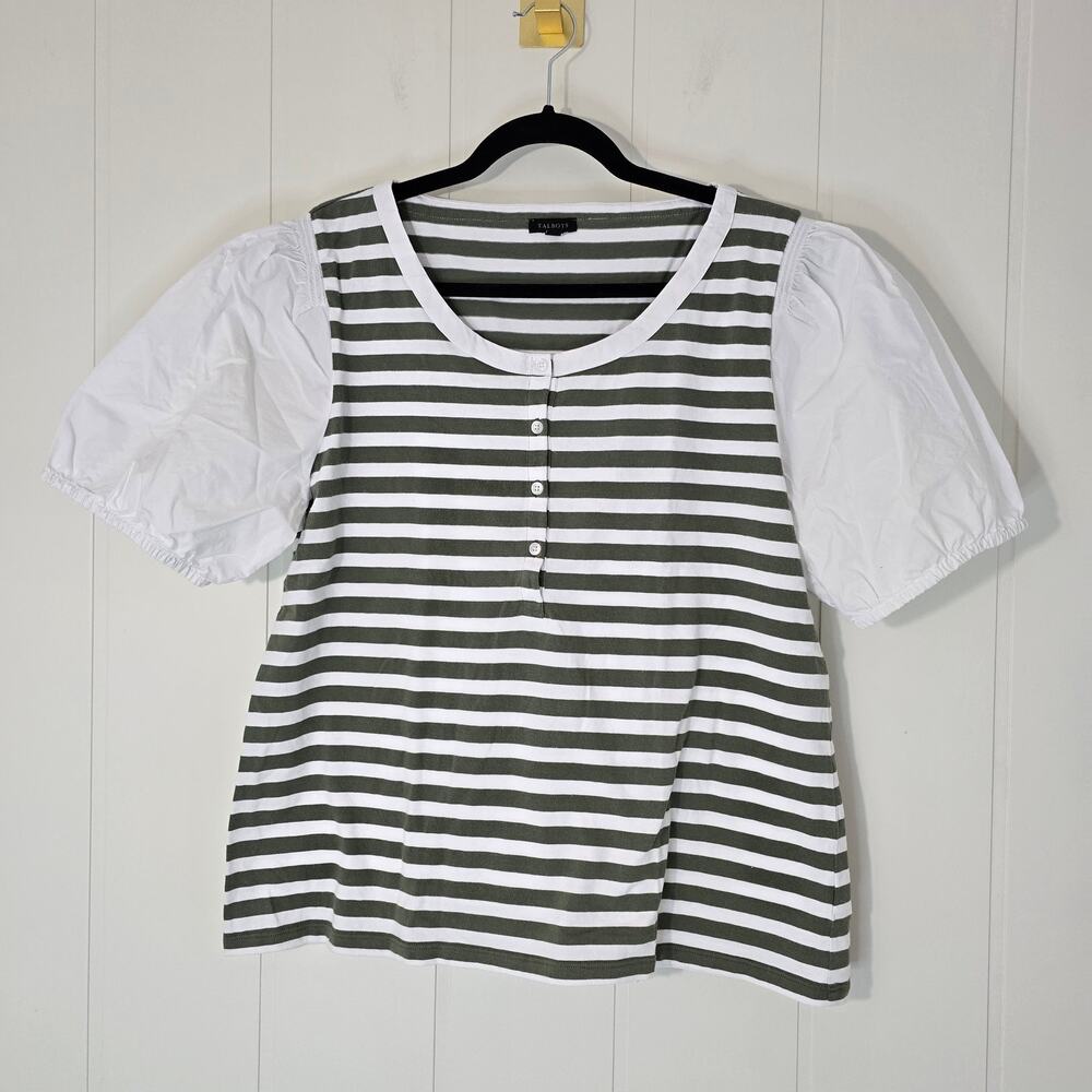 Talbots Puff Sleeve Blouse Stripes Casual Cotton Henley Size XL